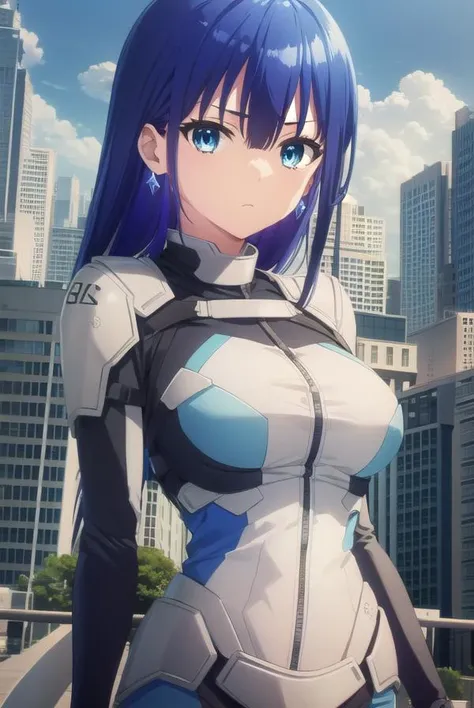 ayanoyuugiri, <lora:ayano yuugiri s1-lora-nochekaiser:1>,
ayano yuugiri, long hair, hair between eyes, blue eyes, blue hair, bangs,
BREAK jewelry, earrings, bodysuit, pilot suit,
BREAK outdoors, city, sky, clouds, buildings, sun,
BREAK looking at viewer, (cowboy shot:1.5),
BREAK <lyco:GoodHands-beta2:1>, (masterpiece:1.2), best quality, high resolution, unity 8k wallpaper, (illustration:0.8), (beautiful detailed eyes:1.6), extremely detailed face, perfect lighting, extremely detailed CG, (perfect hands, perfect anatomy),
