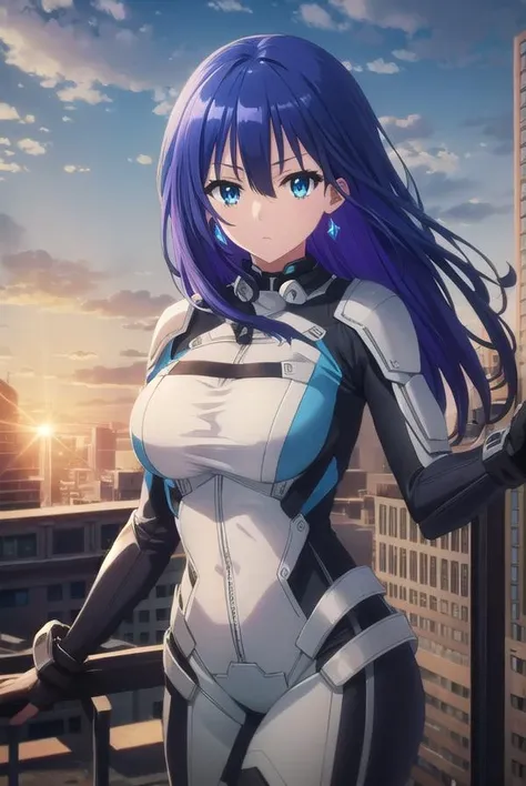 ayanoyuugiri, <lora:ayano yuugiri s1-lora-nochekaiser:1>,
ayano yuugiri, long hair, hair between eyes, blue eyes, blue hair, bangs,
BREAK jewelry, earrings, bodysuit, pilot suit,
BREAK outdoors, city, sky, clouds, buildings, sun,
BREAK looking at viewer, (cowboy shot:1.5),
BREAK <lyco:GoodHands-beta2:1>, (masterpiece:1.2), best quality, high resolution, unity 8k wallpaper, (illustration:0.8), (beautiful detailed eyes:1.6), extremely detailed face, perfect lighting, extremely detailed CG, (perfect hands, perfect anatomy),