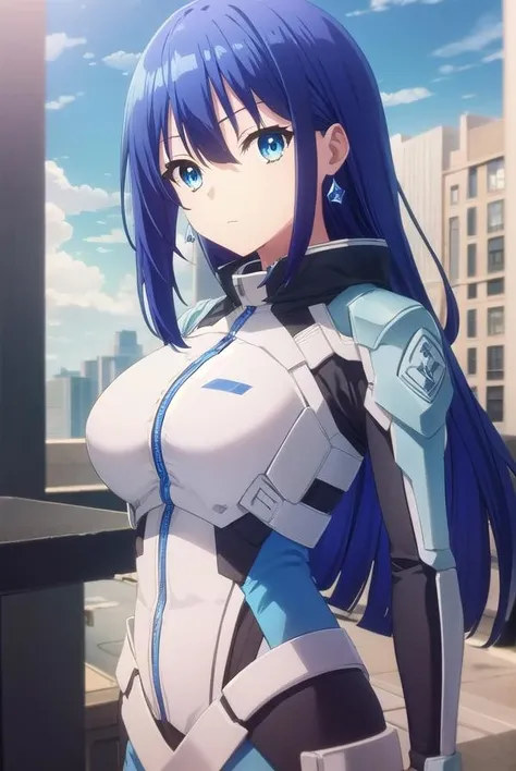 ayanoyuugiri, <lora:ayano yuugiri s1-lora-nochekaiser:1>,
ayano yuugiri, long hair, hair between eyes, blue eyes, blue hair, bangs,
BREAK jewelry, earrings, bodysuit, pilot suit,
BREAK outdoors, city, sky, clouds, buildings, sun,
BREAK looking at viewer, (cowboy shot:1.5),
BREAK <lyco:GoodHands-beta2:1>, (masterpiece:1.2), best quality, high resolution, unity 8k wallpaper, (illustration:0.8), (beautiful detailed eyes:1.6), extremely detailed face, perfect lighting, extremely detailed CG, (perfect hands, perfect anatomy),