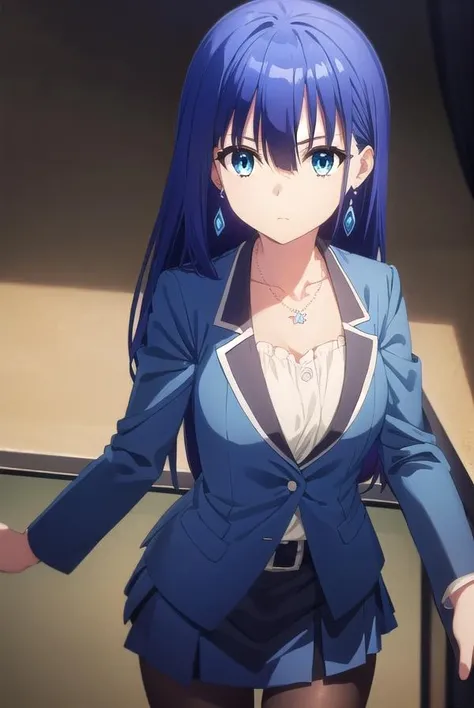 ayanoyuugiri, <lora:ayano yuugiri s1-lora-nochekaiser:1>,
ayano yuugiri, long hair, hair between eyes, blue eyes, blue hair, bangs,
BREAK skirt, jewelry, collarbone, jacket, pantyhose, earrings, belt, necklace, black pantyhose, formal, suit, blue jacket, skirt suit,
BREAK indoors, classroom,
BREAK looking at viewer, (cowboy shot:1.5),
BREAK <lyco:GoodHands-beta2:1>, (masterpiece:1.2), best quality, high resolution, unity 8k wallpaper, (illustration:0.8), (beautiful detailed eyes:1.6), extremely detailed face, perfect lighting, extremely detailed CG, (perfect hands, perfect anatomy),