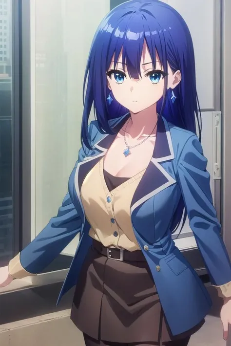 ayanoyuugiri, <lora:ayano yuugiri s1-lora-nochekaiser:1>,
ayano yuugiri, long hair, hair between eyes, blue eyes, blue hair, bangs,
BREAK skirt, jewelry, collarbone, jacket, pantyhose, earrings, belt, necklace, black pantyhose, formal, suit, blue jacket, skirt suit,
BREAK indoors, classroom,
BREAK looking at viewer, (cowboy shot:1.5),
BREAK <lyco:GoodHands-beta2:1>, (masterpiece:1.2), best quality, high resolution, unity 8k wallpaper, (illustration:0.8), (beautiful detailed eyes:1.6), extremely detailed face, perfect lighting, extremely detailed CG, (perfect hands, perfect anatomy),