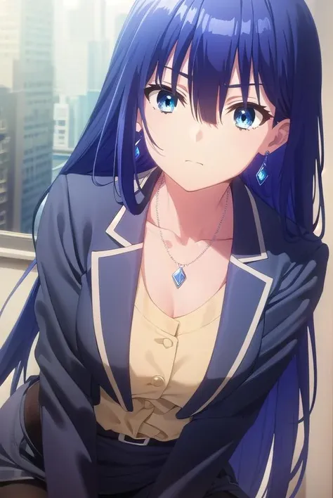 ayanoyuugiri, <lora:ayano yuugiri s1-lora-nochekaiser:1>,
ayano yuugiri, long hair, hair between eyes, blue eyes, blue hair, bangs,
BREAK skirt, jewelry, collarbone, jacket, pantyhose, earrings, belt, necklace, black pantyhose, formal, suit, blue jacket, skirt suit,
BREAK indoors, classroom,
BREAK looking at viewer, (cowboy shot:1.5),
BREAK <lyco:GoodHands-beta2:1>, (masterpiece:1.2), best quality, high resolution, unity 8k wallpaper, (illustration:0.8), (beautiful detailed eyes:1.6), extremely detailed face, perfect lighting, extremely detailed CG, (perfect hands, perfect anatomy),