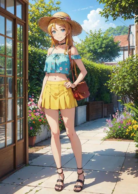 (full body shot, masterpiece, best_quality, ultra-detailed, immaculate:1.3),
BREAK
 <lora:kirino kousaka, blue eyes, long hair, blonde hair:0.6> kirino kousaka, blue eyes, 1girl, solo, long hair, blonde hair, female focus, smiling, choker, wearing edgSDress, straw hat, green blouse, midriff, skirt, floral pattern, shoulder bag, heels, standing, hands at sides,
<lora:edgSDress_retrained:0.7>
<lora:Gloomifier_V2_TheGlow:-1>
<lora:detail_slider_v4:1>
BREAK
summer, garden,