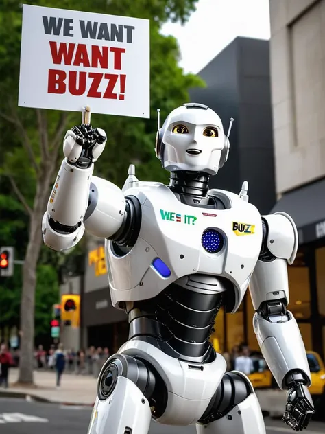 professional photography of a civitAI (robot) on strike, fist in the air, holding a sign saying (WE WANT BUZZ !:1.2), hyper detailed text, masterpiece, award winning art, ultra detailed, 8k resolution, excellent quality, natural lighting, fine details, 4k resolution, 35mm photograph, film, 0001SRGoodPictureV3, <lora:XL-add-detail-xl:0.3> <lora:xl_more_art-full_v1:0.2>