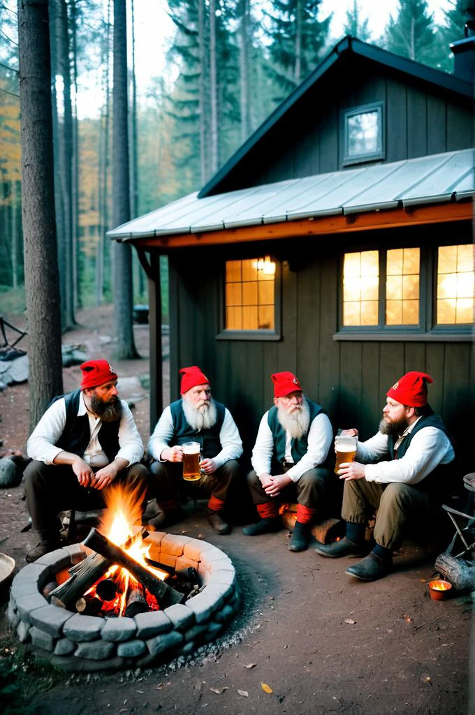 RAW photo of a Cozy small house in forest where real dwarfs live in autumn, trees, leaves , (six real drunk as a skunk dwarfs with beards and red Tail cap sitting in front and drinking beer around a Campfire), harmonic, film grain, Fujifilm XT3