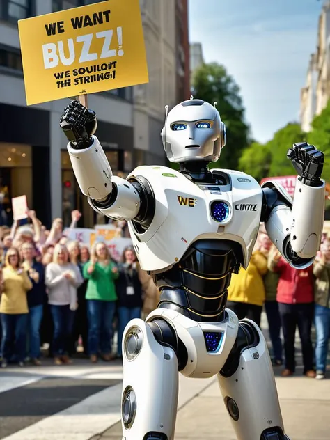 professional photography of a civitAI (robot) on strike, fist in the air, holding a sign saying (WE WANT BUZZ !:1.2), hyper detailed text, masterpiece, award winning art, ultra detailed, 8k resolution, excellent quality, natural lighting, fine details, 4k resolution, 35mm photograph, film, 0001SRGoodPictureV3, <lora:XL-add-detail-xl:0.3> <lora:xl_more_art-full_v1:0.2>