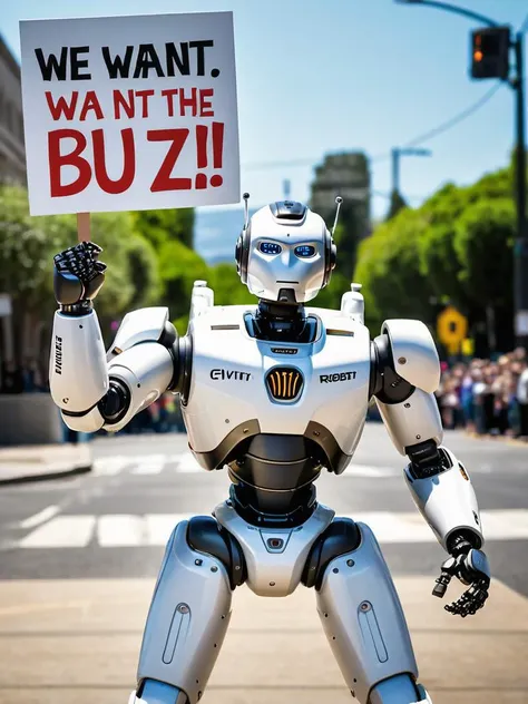 professional photography of a civitAI (robot) on strike, fist in the air, holding a sign saying (WE WANT BUZZ !:1.2), hyper detailed text, masterpiece, award winning art, ultra detailed, 8k resolution, excellent quality, natural lighting, fine details, 4k resolution, 35mm photograph, film, 0001SRGoodPictureV3, <lora:XL-add-detail-xl:0.3> <lora:xl_more_art-full_v1:0.2>