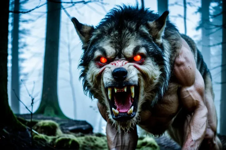 photo of a muscular furry mystical monster_weirwolf with red glowing detailed eyes looks out of the dark fog, large ripping teeth, saliva drips, aggressively, dangerous, film grain, Fujifilm XT3