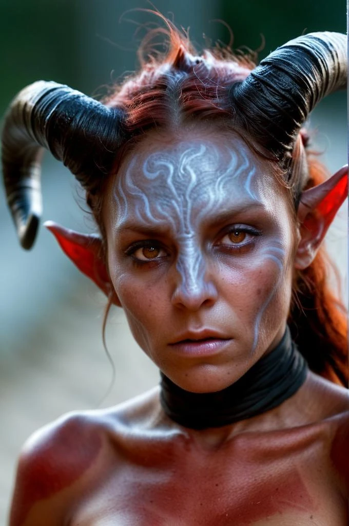 Long exposure photo of a tiefling_demon_woman, 20 years old, closeup, awardwinning, amazing details, best quality, ((red skin color)) . Blurred motion, streaks of light, surreal, dreamy, ghosting effect, highly detailed