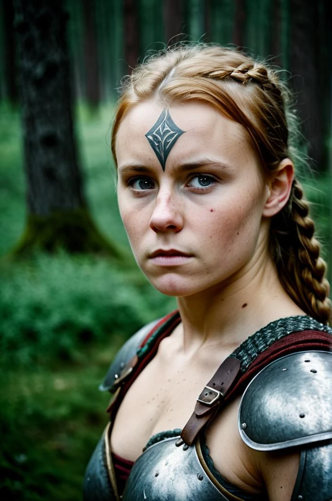 a beautiful Heroic young Nordic woman, warrior (looking at viewer), shy, , bokeh, film grain, cinematic
