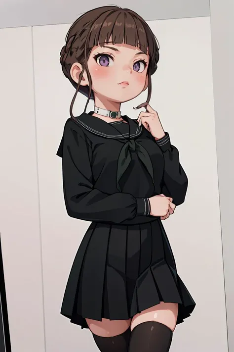 (masterpiece, best quality), 1girl, <lora:Nemu1:1> Manaka Nemu, short hair, braided hair, brown hair, violet eyes, || black serafuku, green necktie, black skirt, black thighhighs,