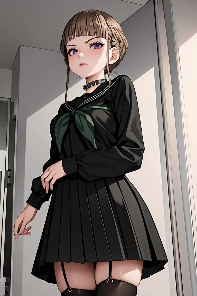 (masterpiece, best quality), 1girl, <lora:Nemu1:1> Manaka Nemu, short hair, braided hair, brown hair, violet eyes, || black serafuku, green necktie, black skirt, black thighhighs,