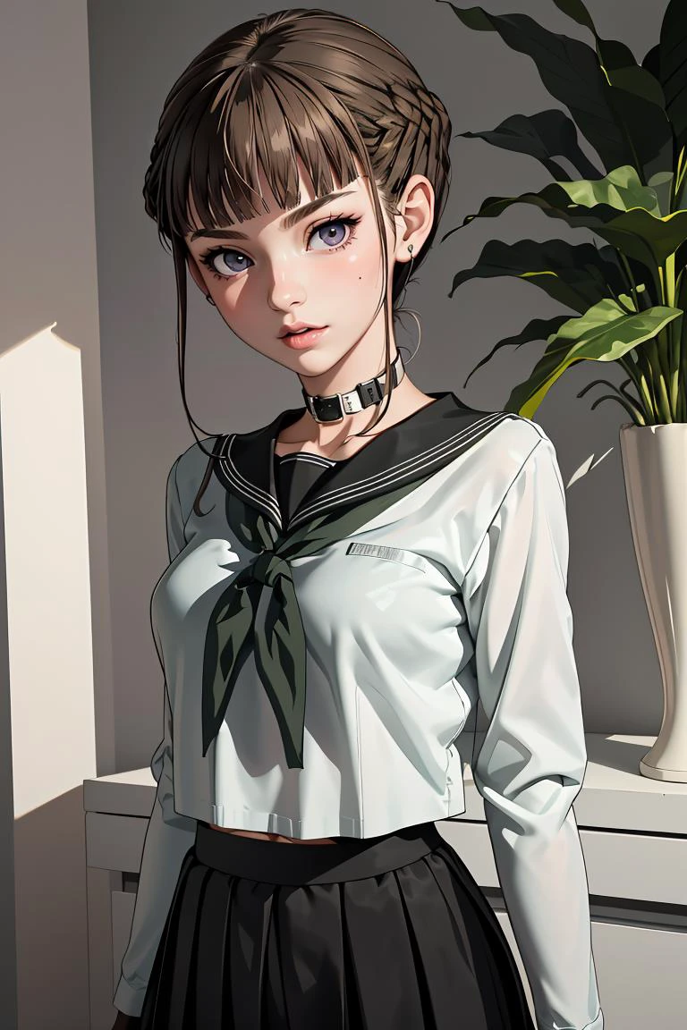(masterpiece, best quality), 1girl, <lora:Nemu1:1> Manaka Nemu, short hair, braided hair, brown hair, violet eyes, || black serafuku, green necktie, black skirt, black thighhighs,