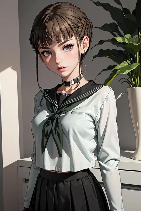 (masterpiece, best quality), 1girl,  <lora:Nemu1:1> Manaka Nemu, short hair, braided hair, brown hair, violet eyes, || black serafuku, green necktie, black skirt, black thighhighs,