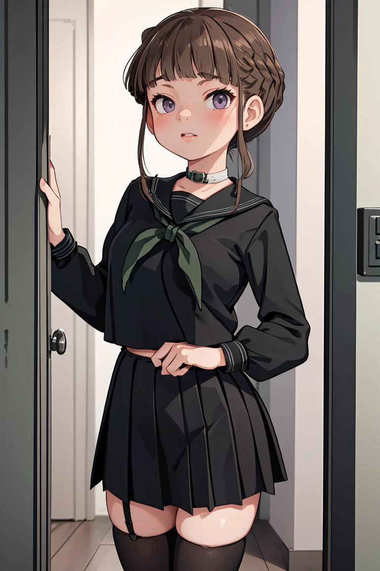 (masterpiece, best quality), 1girl, <lora:Nemu1:1> Manaka Nemu, short hair, braided hair, brown hair, violet eyes, || black serafuku, green necktie, black skirt, black thighhighs,