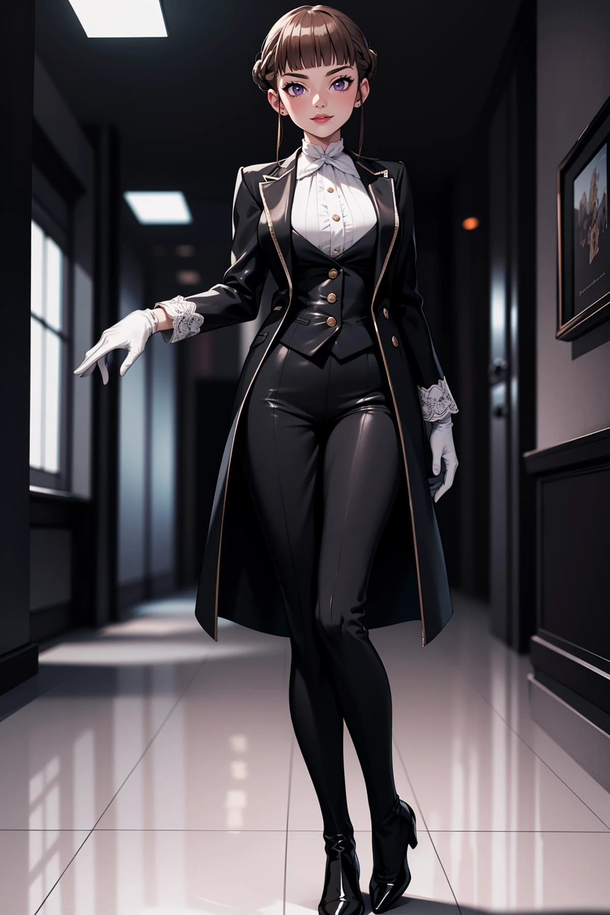 1girl, solo,(adult mature woman), absurdres, 8k, best quality, high quality, high detail, long legs, standing, <lora:Char_euphoria-ManakaNemu:0.85> Manaka Nemu, short hair, braided hair, brown hair, violet eyes,(white gloves), standing, butler outfit, vest, tailcoat:1.2, elegant and sophisticated, Victorian era influence, tailored jacket, crisp white shirt, ascot, high-waisted trousers, polished leather boot heels, detailed embroidery, monochrome color palette, cinematic lighting 8k resolution,