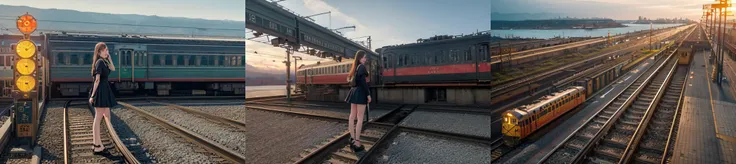 highly insanely detailed, masterpiece, top quality, best quality, highres, 4k, 8k, RAW photo, (train,stop,railroad tracks, railroad signal, sea,a girl waitng for train,train station:1.4), 1girl, (full body:1.2), from side, sailor dress, very long hair, bare legs, bottomless, anklet