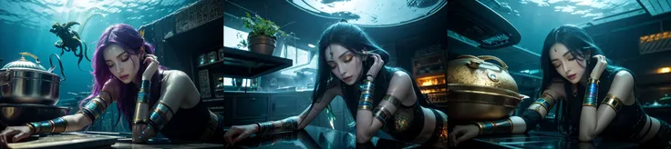 (otherworldly, otherworldly atmosphere, otherworldly appearance), highly insanely detailed, masterpiece, top quality, best quality, highres, 4k, 8k, RAW photo, ((ancient egyptian theme:1.2)), Hong Kong structure, structure, 
(mystical theme), mystical gatmosphere, arcane sanctuaries, otherwordly aura, 
(long_hair, long hair, random colors hair, glowing hair, hair over one eye, long messy hair), 
(eyelashes, eyeliner, eyeshadow, eyelashes, long eyelashes), 
collar, earrings, jewelry, necklace, armlet, 
tentacle, (underwater), nsfw, 
Homestay, Resort, Guest House, 
building, structure, still life, swirling energy, 
action pose, 
drunk, closed eyes, 
high-heels, 
reflection, reflective floor, 
shawl, 
abandoned building, shopping mall, overgrown with vegetation, [volumetric fog], cinematic lighting, colorfu, 
belly bottom, 
mercurytech, scifi, molten metal, 
(ancient egyptian theme futuristic kitchen:1.4), (fantasy world)
