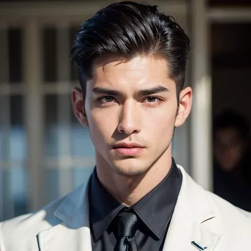 <(photorealistic:1.4), (extremely intricate:1.2)>, <(exquisitely detailed skin), cinematic light, ultra high res, 8k uhd, intricate details, Movie Light, Oil Painting Texture, film grain, dreamlike, perfect anatomy, best shadow, delicate, RAW>, 1boy, Japanese male, (male:1.5), grey eyes, slanty eyes, (very short hair:1.3), under_cut, Pompadour, ((formal)), ((suit)), (((handsome, sharp, savage facial features,))), (stout muscular body), (stout physique), SFW, outdoors, detailed background, Modern metropolis,