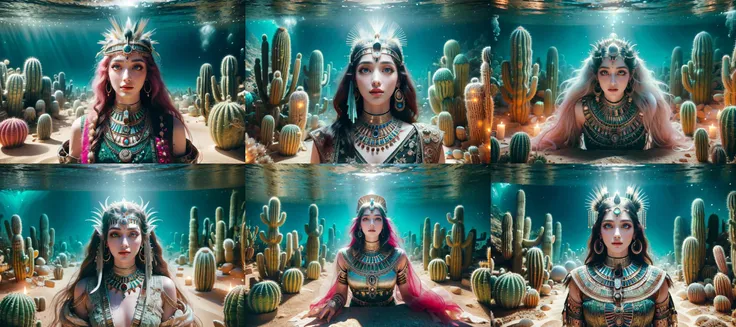 3 Fantasy mermaids with long navy hair, curvy Nude body, dressed in very sparkly transparent glitter navy body paint, colorful sea weeds floating around her, shiny sparkly sea shells crown on her head