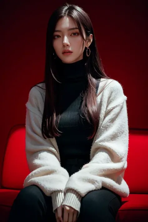 (otherworldly, otherworldly atmosphere, otherworldly appearance), highly insanely detailed, masterpiece, top quality, best quality, highres, 4k, 8k, RAW photo, Caribbean, dark tunnel,
china street, egyptian,
depth of field, focused, foreshortening,
red_background, simple_background, 1girl, cute, long_hair, turtleneck_sweater, collar, earrings,
jav,
(amateur, hard shadows, bad lighting, iphone photo), average, large breasts, fluffy clothes, sitting, living room, fireplace, (fantasy world), voluminous hair, serious stare, captivating stare
