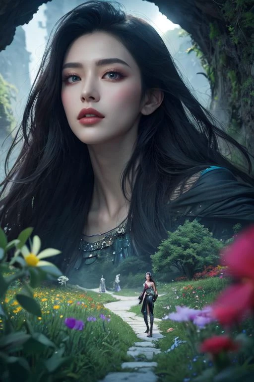 (otherworldly, otherworldly atmosphere, otherworldly appearance), highly insanely detailed, masterpiece, top quality, best quality, highres, 4k, 8k, RAW photo, Caribbean, dark tunnel,
china street, egyptian,
depth of field, focused, foreshortening,
korea seoul street background, ((Realistic representation of seoul street details)),
serious stare, voluminous hair, seductive lips, luscious kissers, soft, high planes, captivating stare, bold eyeliner, Wildflower Meadow, Frolic in a meadow full of wildflowers.,
sculpted curves cheekbones, (fantasy world)