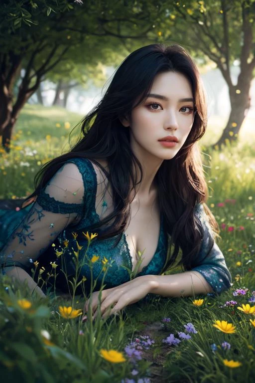 (otherworldly, otherworldly atmosphere, otherworldly appearance), highly insanely detailed, masterpiece, top quality, best quality, highres, 4k, 8k, RAW photo, Caribbean, dark tunnel,
china street, egyptian,
depth of field, focused, foreshortening,
korea seoul street background, ((Realistic representation of seoul street details)),
serious stare, voluminous hair, seductive lips, luscious kissers, soft, high planes, captivating stare, bold eyeliner, Wildflower Meadow, Frolic in a meadow full of wildflowers.,
sculpted curves cheekbones, (fantasy world)