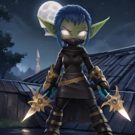 Masterpiece, highest Quality, Highest Resolution, Anime styles, colorful anime style lighting, anime style face, 1girl, stealth elf, blue hair, white eyes, green skin, leather clothing, white eyes, pointed ears, adult, large body type, medium breasts, on village roof in the middle of the night, moon in background, trees, fences, full body, holding weapon, stance, mask, glowing eyes, daggers, holding daggers,