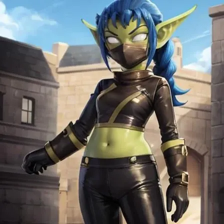 Masterpiece, highest Quality, Highest Resolution, Stealth Elf in the anime style, large body type, 1girl, solo, green skin, exposed midriff, leather clothing, mask, blue hair, pointed ears, tight clothes,