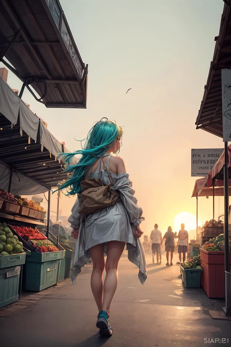 (masterpiece, best quality), female retirement age, ripped, scandinavian, turquoise eyes, flared ears, blunt jaw, unique cheeks, square face shape, broad shoulders, nasal septum, __bo/chars/haircolor__ waterfall braid hair, awe wearing __Bo/clothings/nsfw/female-attire__, walking away pose, walking away with a confident and alluring stride, creating a captivating and mysterious pose, sunset lighting, the warm, golden glow of a sunset, adding a romantic and enchanting feel to the scene, a vibrant farmer's market, bustling with people and colorful produce