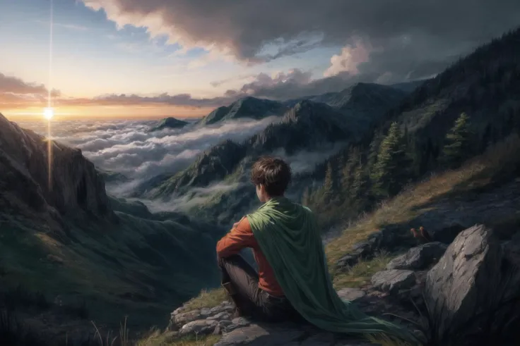 young man, sitting on a rocky cliff, looking away, sunset over wooded hills, forest, distant valley, birds in sky, clouds, fantasy art, short black hair, tan skin, traveling attire, dark green cape, waterskin, creek, rogue, medieval, legs dangling, view from behind, village in the far distance,  <lora:more_details:.3>, tall leather boots, smoke trail over mountain, moss, (ferns:.7), black pants, thin fog, (light refracting off clouds:1.1),