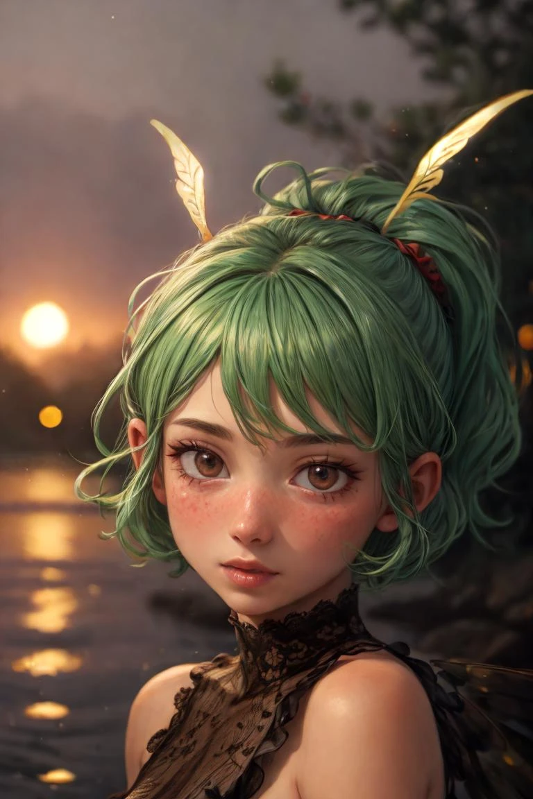 a little pixie flying close to lake, macro lens, bokeh, insect wings, antennae, leave closeup, green hair, red nose, nose blush
[anime|realistic], 3d, detailed hair, intricate detail, cinematic shot, (detailed realistic background:1.3), realistic lighting, [cinematic lighting|sunset lighting]