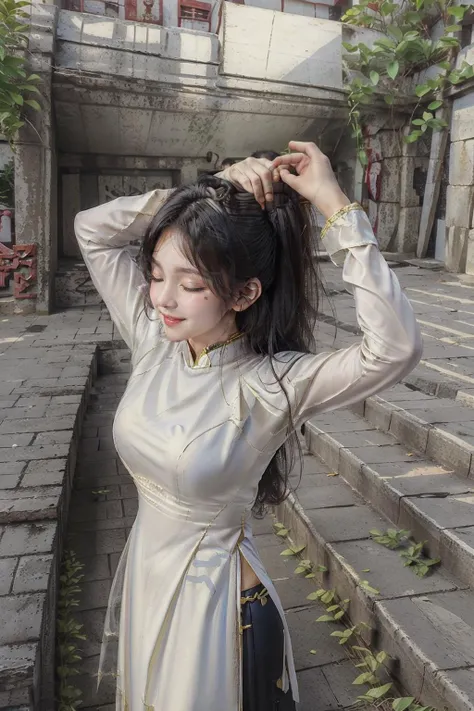 1girl, outdoors, smile, closed eyes, long hair, black hair, <lora:a0d4ivn:0.8> Ice wizard, Vietnam traditional costume, (masterpiece, best quality:1.4)