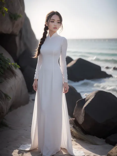 <lora:a0d4ivn:0.63> , tied hair braid, (white ribbon on hair), (beach background:1.1) ,best quality ,masterpiece, illustration, an extremely delicate and beautiful, extremely detailed ,CG ,unity ,8k wallpaper, Amazing, finely detail, masterpiece,best quality,official art,extremely detailed CG unity 8k wallpaper,absurdres, incredibly absurdres, huge filesize , ultra-detailed, highres, extremely detailed,beautiful detailed girl, extremely detailed eyes and face, beautiful detailed eyes,light on face,1girl,full body,(full-body shot ) <lora:aoDaiVietnameseLong_v10:0.5> <lora:midvnfacestyle:0.4>