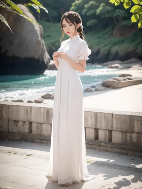 <lora:a0d4ivn:0.63> , tied hair braid, (white ribbon on hair), (beach background:1.1) ,best quality ,masterpiece, illustration, an extremely delicate and beautiful, extremely detailed ,CG ,unity ,8k wallpaper, Amazing, finely detail, masterpiece,best quality,official art,extremely detailed CG unity 8k wallpaper,absurdres, incredibly absurdres, huge filesize , ultra-detailed, highres, extremely detailed,beautiful detailed girl, extremely detailed eyes and face, beautiful detailed eyes,light on face,1girl,full body,(full-body shot ) <lora:aoDaiVietnameseLong_v10:0.5> <lora:midvnfacestyle:0.2>