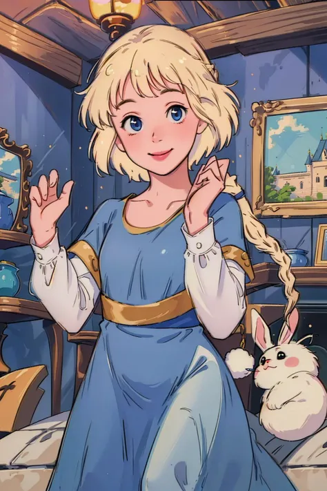 (masterpiece:1.4), (best qualit:1.4), (high resolution:1.4), princess calla, blue dress, white long sleves, single braid, indoors, castle, smile, looking at viewer, bunny pose, <lora:princess_calla_v1:1>