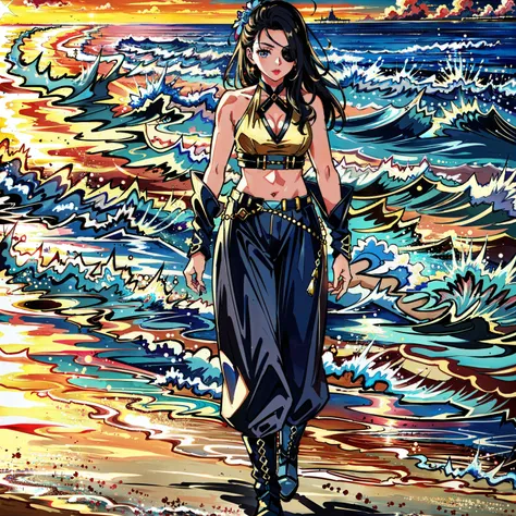 (1girl, full body, woman, at the Beach, Beach, Sea, Sand, Water, Sunrise, Waves, pants, 3d, realistic, eye_obscured, smile, lips, lipstick, eyepatch, long hair, solo, standing, bloom, glow, bokeh, sparkle, magic, ornaments, fantasy, best quality, masterpiece, highres, extremely detailed CG, extremely detailed 8K wallpaper, extremely detailed character, solo, sharp focus, dramatic angle, cinematic lighting, (extremely delicate and beautiful:1.2):1.1)