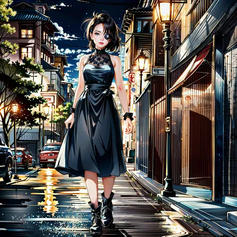 (1girl, full body, woman, at the city, night city, night, city, nightlife, 3d, realistic, eye_obscured, smile, lips, lipstick, eyepatch, short hair, solo, standing, bloom, dress, glow, bokeh, sparkle, magic, ornaments, fantasy, best quality, masterpiece, highres, extremely detailed CG, extremely detailed 8K wallpaper, extremely detailed character, solo, sharp focus, dramatic angle, cinematic lighting, (extremely delicate and beautiful:1.2):1.1)