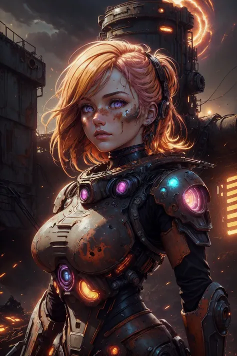beautiful and detailed illustration, pop art, masterpiece, best quality, ultra-detailed, soft lighting, cinematic shot, vibrant colors, gorgeous colors, <lora:add_detail:0.3>, <lora:stylesqueeze_v2:0.5>,
1 girl, adult welsh woman, pink eyes, yellow hair flaps,
(style-rustmagic:1.0) portrait, solo, upper body, looking away, detailed background, detailed face, (<lora:UltraBlackholeTech:0.6>, warp, scifi, excessive energy, ulblackholetech theme:1.1), rust-warrior, rusty armor, rusted iron, (rusty:1.05), brown rust, weathered, corroded, dented, left to rust, melancholic, abandoned factory in background, low light, cinematic atmosphere,