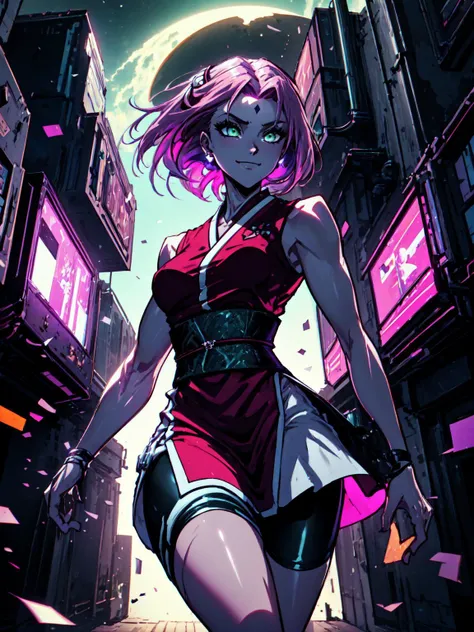 (masterpiece:1.2, best quality:1.2, beautiful, high quality, highres:1.1, aesthetic), detailed, extremely detailed, ambient soft lighting, 4K, perfect eyes, perfect face, perfect lighting, 
<lora:add_detail:0.25>, (1girl, solo, adult female, mature female), <lora:detailed_eyes:1>, <lora:tool_goodHands:1>,
[muscular, biceps], leg muscles, thigh muscles, (thin, lithe body), 
<lora:style_ultraBlackholeTech_(ulblackholetech--excessive energy--scifi):0.8>, ulblackholetech, scifi, cowboy shot,
<lora:character_harunoSakuraNaruto_lykon:0.65>, haruno sakura, pink hair, green eyes, forehead mark, smile, white side slit skirt, bike shorts underneath skirt, sleeveless ulblackholetech red shirt, scifi japanese village background, walking down street,
