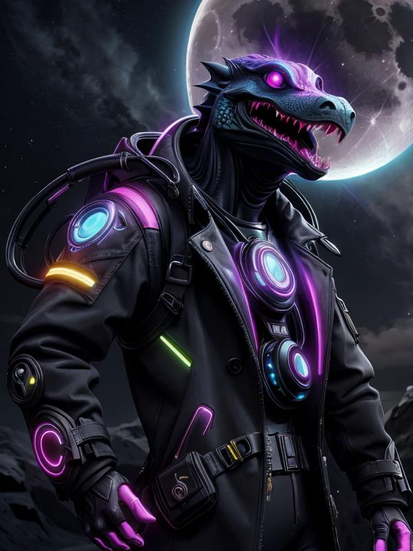 (Style: realism, (epic:1.2), realistic, photo, trending on artstation, (pixar:1.2), 3d, cartoon, ((high quality:1.2, masterpiece:1.2)) , (8k resolution) , high details, incredibly absurdres, color connection, colorized, colorful, neon colors, (bioluminescence:1.1), (iridescent:1.2), (no humans:1.3)),
lizard,, animal, cute big eyes, trench coat), moon,,
<lora:UltraBlackholeTech:0.5> ulblackholetech, excessive energy, scifi,