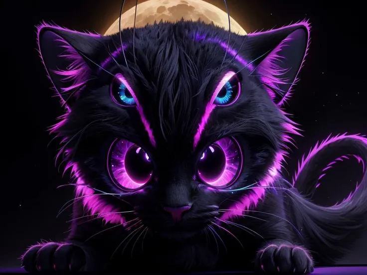 (Style: realism, (epic:1.2), realistic, photo, trending on artstation, (pixar:1.2), 3d, cartoon, ((high quality:1.2, masterpiece:1.2)) , (8k resolution) , high details, incredibly absurdres, color connection, colorized, colorful, neon colors, (bioluminescence:1.1), (iridescent:1.2), (no humans:1.3)),
cat,, animal, cute big eyes, trench coat), moon,,
<lora:UltraBlackholeTech:0.45> ulblackholetech, excessive energy, scifi,