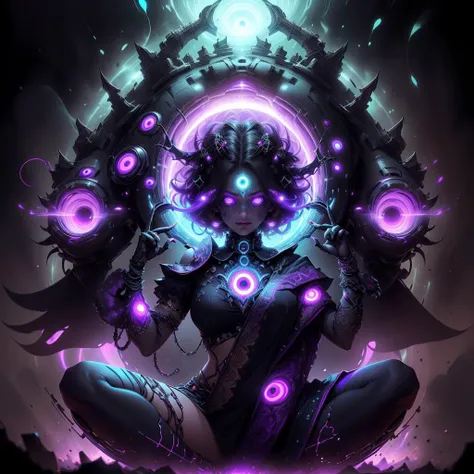 <lora:UltraBlackholeTech-20:0.8>,ulblackholetech , excessive energy, giant purple blackhole in chest, (1girl, short blond hair, collar, purple eyes, glowing, glowing eyes, extra eyes, dark, horror \(theme\), happy) (digital) floating(crossed legs indian style iin open space , best quality, insanevoid <lora:insanevoid2:0.8>