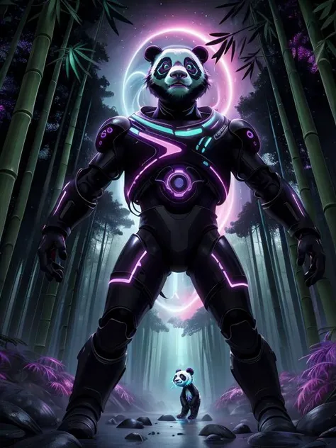 (Style: realism, (epic:1.2), realistic, photo, trending on artstation, (pixar:1.2), 3d, cartoon, ((high quality:1.2, masterpiece:1.2)) , (8k resolution) , high details, incredibly absurdres, color connection, colorized, colorful, neon colors, (bioluminescence:1.1), (iridescent:1.2), (no humans:1.3)),
((panda:1.3), animal, cute big eyes, trench coat), bamboo forest,
<lora:UltraBlackholeTech:0.65> ulblackholetech, excessive energy, scifi,