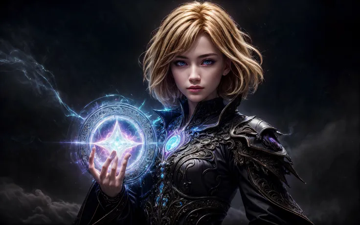 masterpiece, epic, majestic, best quality, very high resolution, 8k, hdr, digital photography, dynamic pose, cunning -faced female Siona warrior-monk, dark brown eyes, (natural blonde hair, undercut hair:1.1), showing intimidating expression, (Style-GravityMagic:0.7), solo, half shot, looking at viewer, detailed background, detailed face, (<lora:UltraBlackholeTech:0.6>, warp, excessive energy, ulblackholetech theme:1.1), dilated pupils, summoner, unholy, intricate necromancer robes, pendant, casting spell, movement, evil smile, ritual, summoning circle, evil glowing glyphs, arcane energy, dark crackling necrotic energy, calling forth eldritch power, haunted tower background, dark clouds, ethereal atmosphere,, (iridescent:0.7), (transparent:0.8), (translucid:0.8), (reflection:0.6), (refraction:0.3), (diffraction:0.3), (caustics:0.3), volumetric lights, volumetric shadows, (subsurface scatering:0.4), physically based rendering, (intricate details:1.3), hyperdetailed, ultrarealistic, (sharp focus:1.2) <lora:hyperdenoiser_v090:1.5> <lora:add_detail:1.5>