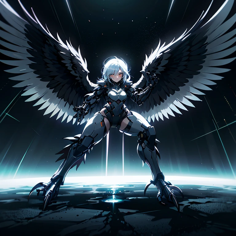 a_photo_of harpy monster girl looking at viewer, winged arms, harpy, bird legs, talons, detailed background, detailed face, cyberpunk soldier, saboteur, wearing battle-gear, battle-stance, cybernetic implants, glowing neon lights, searchlights in background, storm, floating particles, particle effects, cinematic atmosphere <lora:Cyberpunk01:0.971> <lora:UltraBlackholeTech-20:0.28> ulblackholetech,