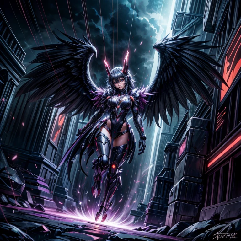 harpy monster girl looking at viewer, winged arms, harpy, bird legs, talons, detailed background, detailed face, cyberpunk soldier, saboteur, wearing battle-gear, battle-stance, cybernetic implants, glowing neon lights, searchlights in background, storm, floating particles, particle effects, cinematic atmosphere <lora:UltraBlackholeTech-20:0.28> ulblackholetech, <lora:LORA-XenoDetailer-v3:0.75>, (masterpiece:1.2), (best quality:1.2), (ultra detailed:1.2), <lora:add_detail:1>, <lora:sharpen-soften:-0.25>, <lora:realistic:0.3>, <lora:kittew_v0.1:0.4>,