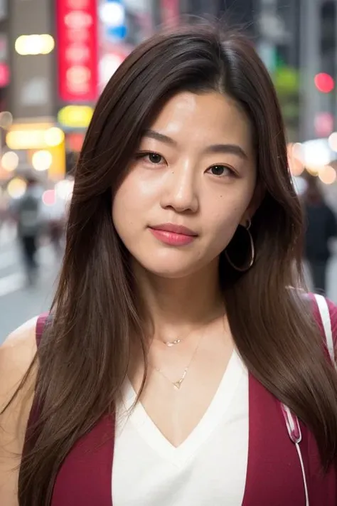 1girl, Tokyo street,night, cityscape,city lights, upper body,close-up, 8k, RAW photo, best quality, masterpiece,realistic, photo-realistic, parted bangs, long hair,front cover
