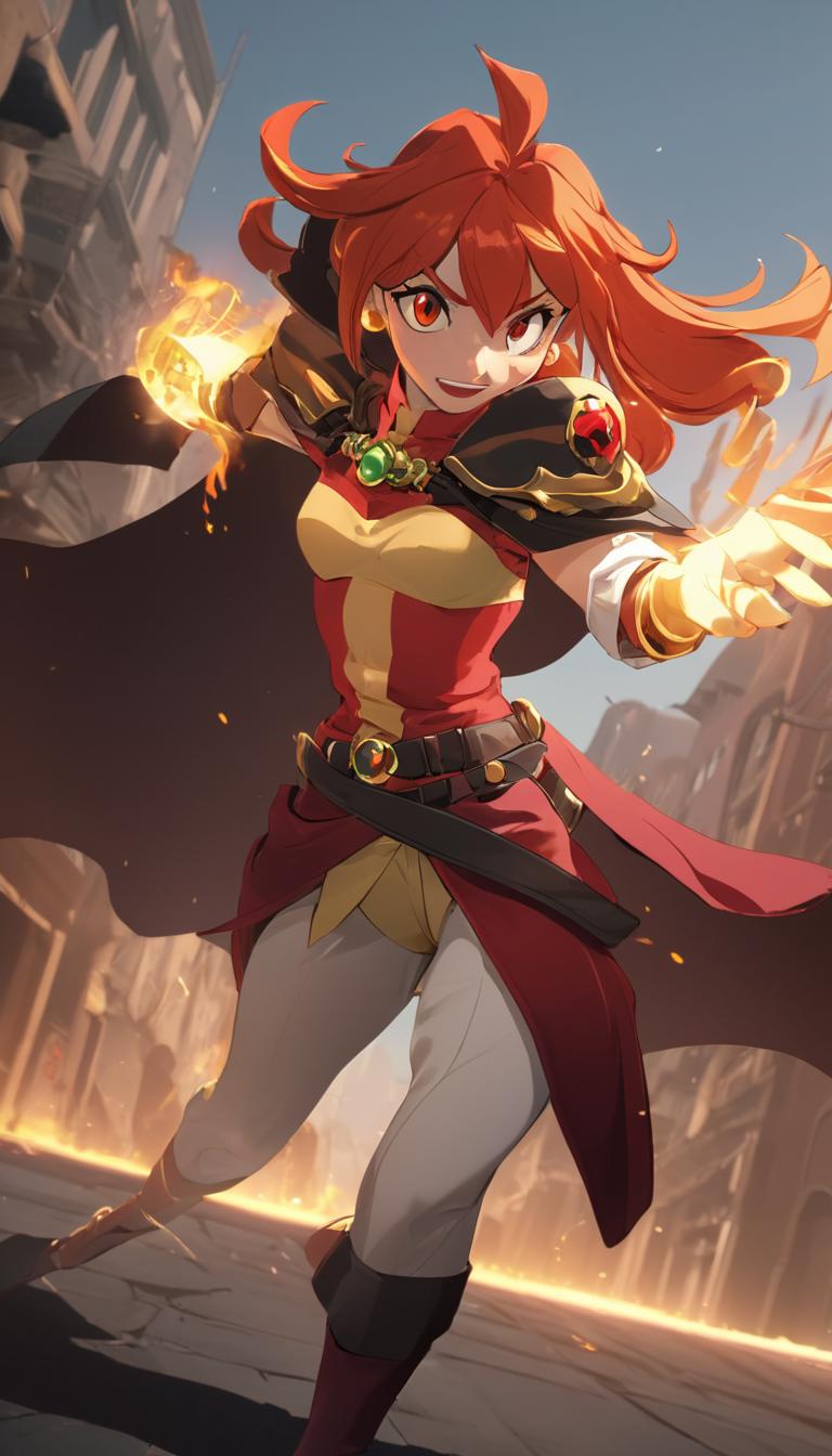 A woman in a red and yellow outfit holding a sword - SeaArt AI