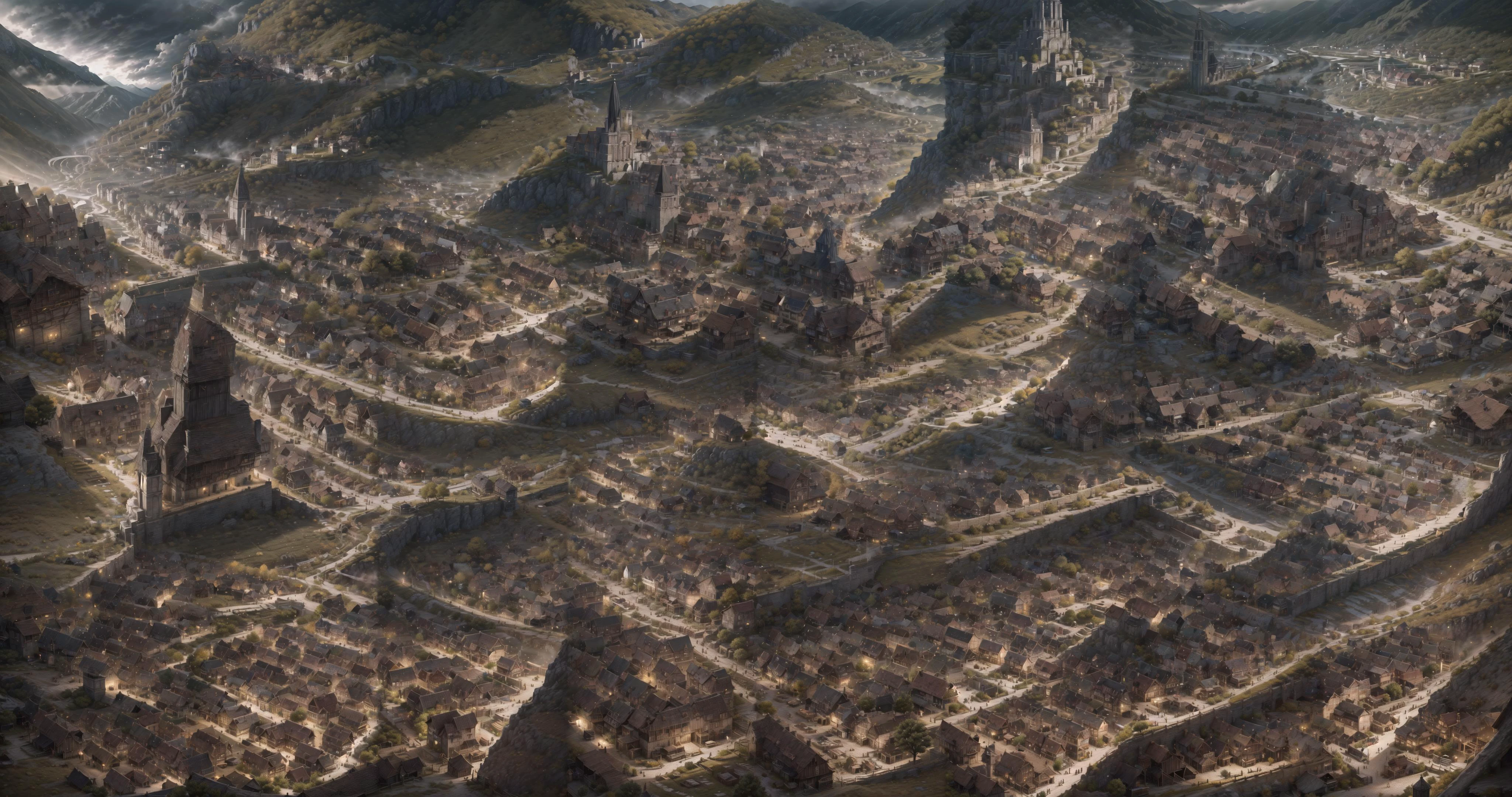 a beautiful,complex and detailed medieval european village,a foreground,a rather dark sky,but bright,sacred,nestled around a mountain range where enormous amounts of golden veins are buried,landscape,indirect lighting,4k,overall brightness,volumetric lighting,epic composition,photorealism,ultra hd,ultra detailed,ray tracing,detailed light, dynamic light, cinematic lighting,best shadow,
<lora:xsarchitectural_13nightmagictown:1>,